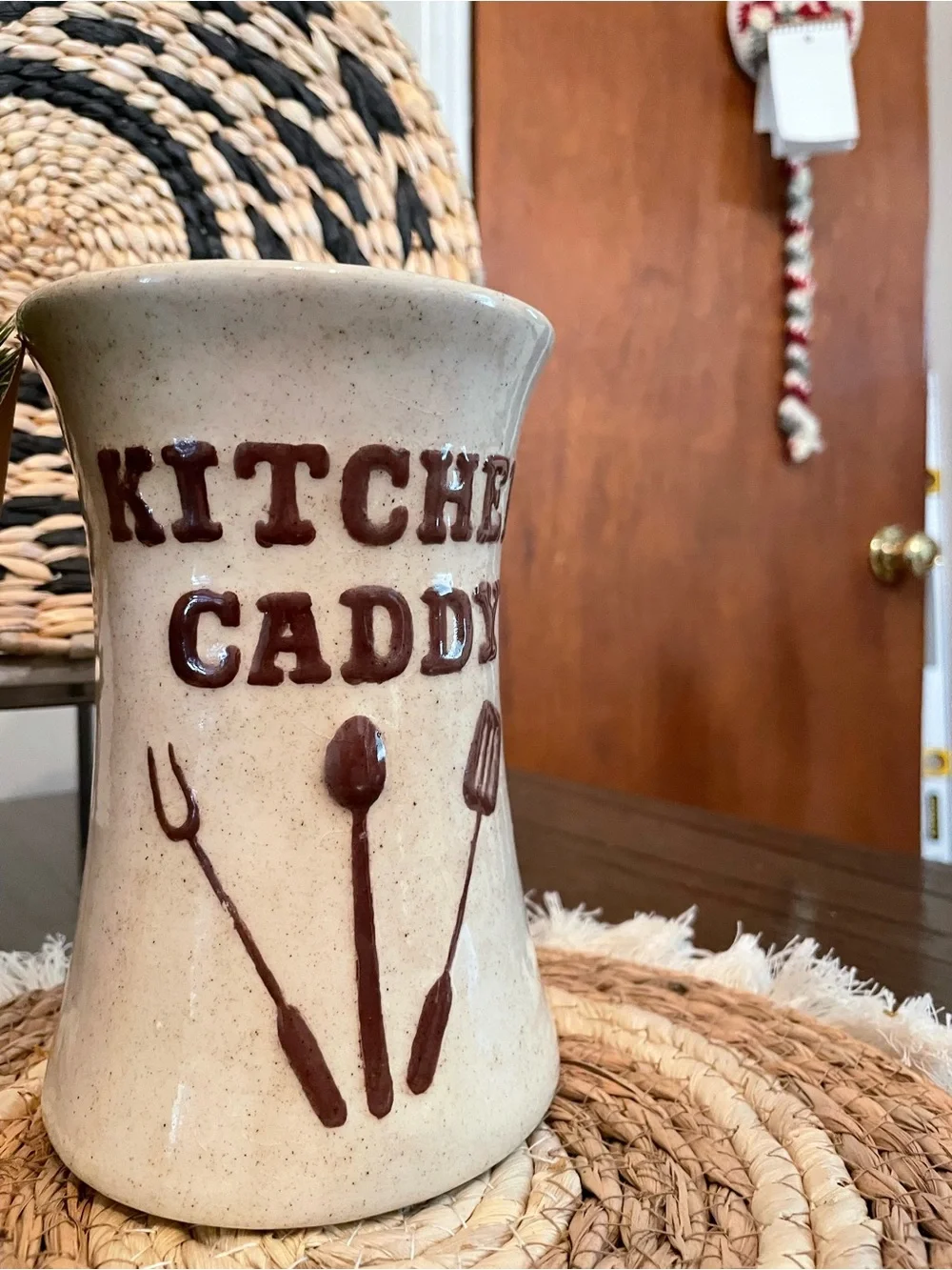 Vintage Cream Ceramic Kitchen Caddy with Brown Lettering